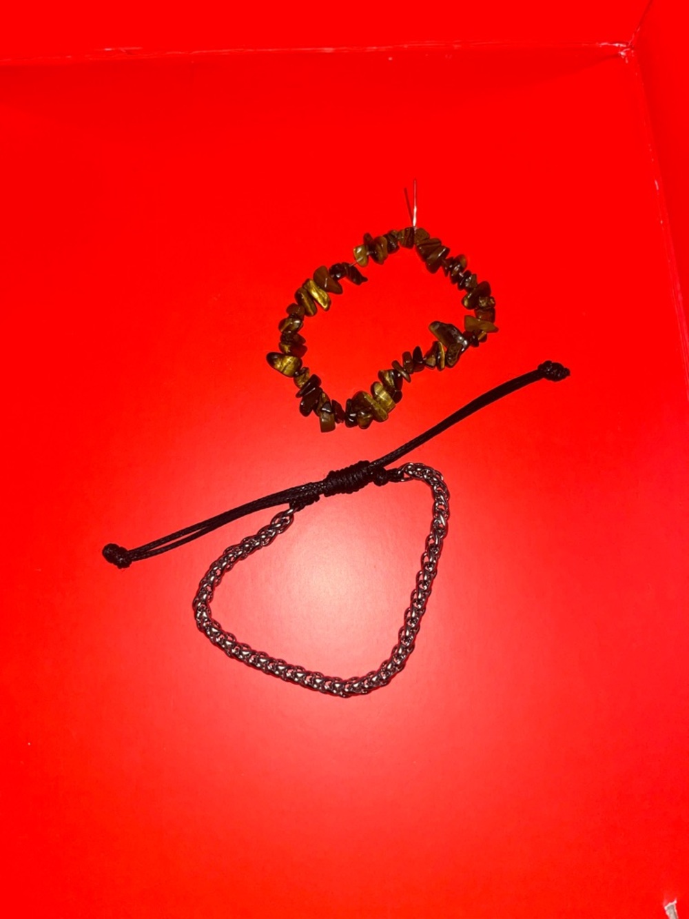 Set of Two Adjustable Bracelets - Brown Tiger Eye & Black Cord Chain